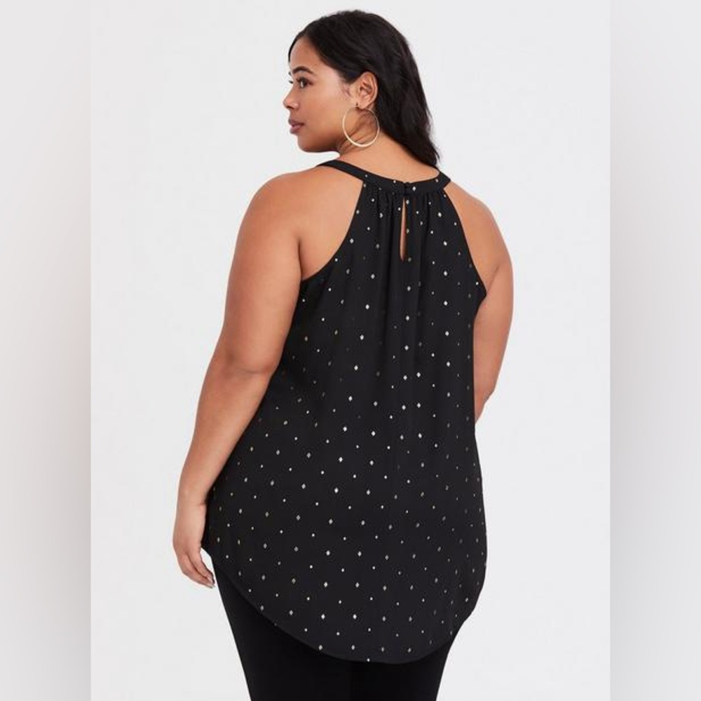 Torrid High Neck Black Tank Blouse w Gold Print Size 0X XL Minimalist Classic